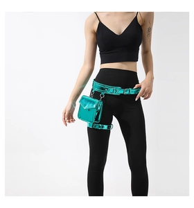 Detail of metallic turquoise leg bag with reflective material on a model