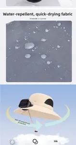 Close-up of waterproof fabric and integrated solar fan on a beige outdoor sun hat