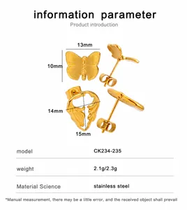 Detailed size parameters of 13mm to 15mm butterfly earrings made of gold stainless steel