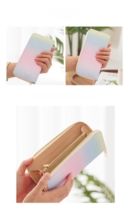 Close-up of three-color gradient zipper wallet with quilted leather and interior card slots