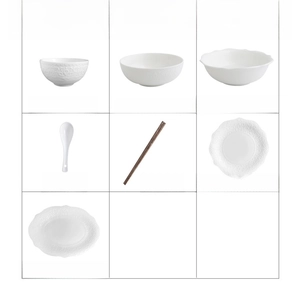 Detail list of 46-piece white ceramic tableware set with elegant embossed lace edges