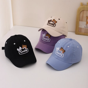 Kids Baseball Cap Cotton Breathable Bear Embroidery Lucky Letter Sun Protection Adjustable Outdoor Hat For Toddler