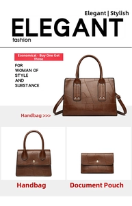 Three-piece brown tote bag set with geometric crocodile pattern and shoulder strap