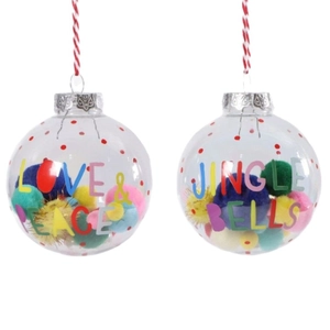 Clear plastic Christmas ball with colorful pom-poms and Love & Peace printed text