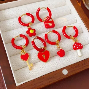 Asymmetrical Hoop Earrings Titanium Steel Gold Plated Red Enamel Flower Mushroom Heart Key With Silver Earring Post For Women