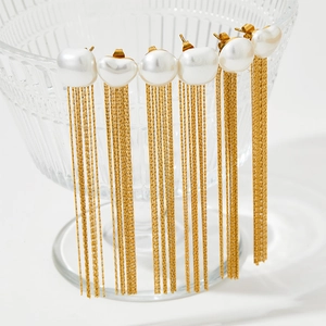 Elegant gold-plated stainless steel long tassel earrings with white pearls for women
