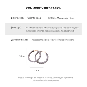 Detailed chart showing grey woolen yarn hoop earrings dimensions and product weight