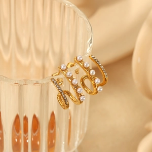Elegant 18k gold plated double row pearl and zircon C-shaped stainless steel earrings