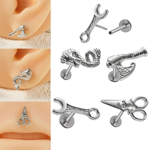 Stainless Steel Labret Piercing Stud With Copper Wrench Axe Scissors Dragon Head Push In Threadless Cartilage Earring