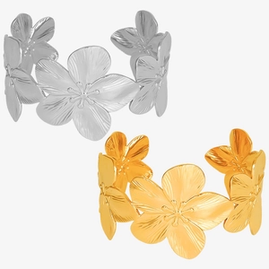 Adjustable 18K gold and silver plated 304 stainless steel flower open cuff bracelet