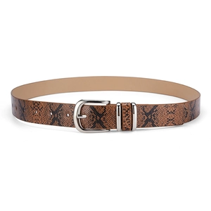 Ceinture pour femme à motif serpent marron avec boucle ardillon argentée sur fond blanc