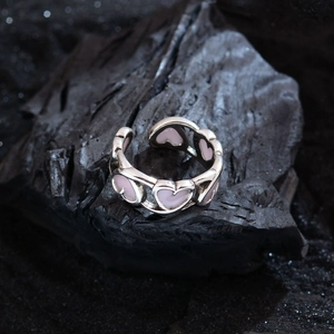 Elegant S925 sterling silver open ring with hollow pink enamel hearts design