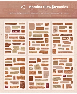 Detail view of 6 sheets retro English quote stickers in waterproof PET material