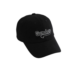Black cotton baseball cap with white Sunday embroidery for boys and girls