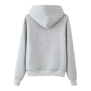 Rear view detail of light grey knit hoodie featuring ribbed cuffs and a minimalist design