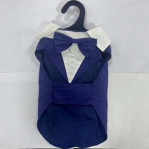 Navy blue pet tuxedo suit with white collar and bow tie on a plastic clothes hanger
