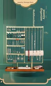 Multi-tier gold metal jewelry organizer with wooden base for earrings and necklaces
