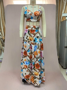 Detailed close-up of a two-piece floral print summer set with camisole and maxi skirt