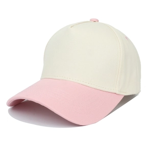 Detail of pink visor with parallel stitching on cream color block baseball cap