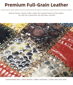 Détail en cuir de vachette véritable avec texture crocodile et coutures en patchwork coloré