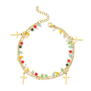 Golden multi-layer stainless steel bracelet with cross pendants and colorful beads