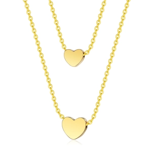 Minimalist double layer heart pendant necklace in gold finish with thin link chains