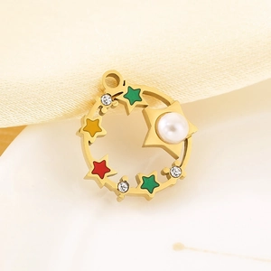 Detail of 18K gold star pendant with colorful enamel accents, zircon and central pearl