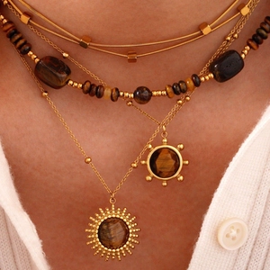 Multi-layer 14K gold stainless steel necklace with tiger eye beads and sun pendants