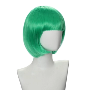 Side view of a bright green bob wig with flat bangs on a mannequin head