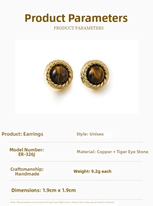 Macro shot of 1.9cm copper earrings with tiger eye stone and twisted rope texture design