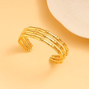 Chic 18K gold plated stainless steel C-shaped triple layer bamboo open bangle for women
