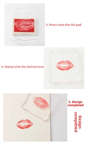 Three-step guide for using transparent acrylic stamp block with red ink pad for DIY crafts