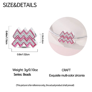 Detailed dimensions and lifestyle view of pink Aquarius zodiac charm for bracelets