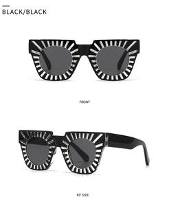 Front and 45-degree side views of black square sunglasses with silver studded crystal accents