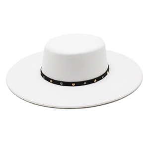 White wool boater hat with black ribbon featuring metallic gold and silver studs