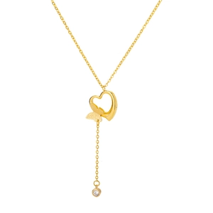 18k gold plated stainless steel hollow heart and butterfly pendant necklace with zircon tassel