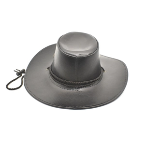 Detail of black faux leather cowboy hat featuring a braided band and windproof drawstring