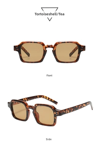 Front and side views of tortoise shell square frame sunglasses with tea-colored lenses