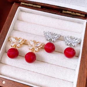 Butterfly Pendant Drop Earrings With Silver Earring Post Zircon Inlaid Copper Resin Bead Elegant Jewelry For Women