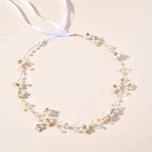 Handmade bridal headband with white pearls and crystals on gold wire for weddings