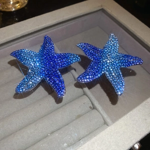 Macro shot of silver needle starfish earrings with blue gradient crystals in a jewelry box