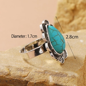 Vintage silver ring with teardrop turquoise stone on rock, size 2.8cm by 1.7cm