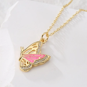 18K gold plated butterfly necklace with pink enamel and sparkling zircon pendant
