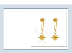 Detailed view of 18K gold plated starburst drop earrings with measurement and rhinestones