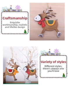 Detail of wooden reindeer ornaments with polka dot scarves and jute rope hangers