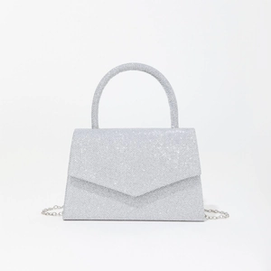 Sparkling silver sequin evening bag with top handle and metal chain for women