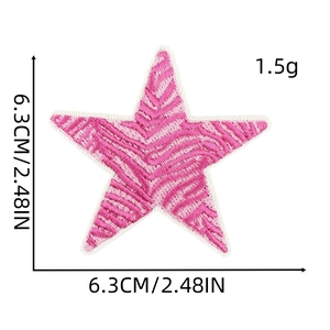 Detail view of pink star embroidered patch showing size 6.3cm and 1.5g weight info