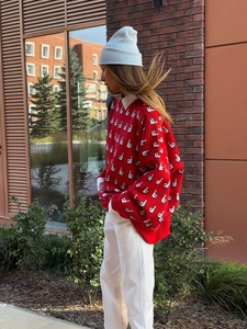 Pull En Tricot Rouge Pour Femmes Col Rond Manches Longues Jacquard Motif Oie Dessin Animé Pull Décontracté Hiver