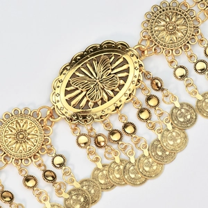 Bohemian gold metal waist chain with hollow butterfly pattern and coin tassel design