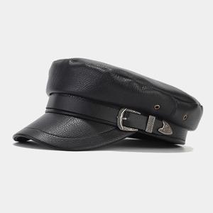 Vintage PU Leather Navy Cap Women Retro Military Hat With Belt Buckle Flat Top Fashion Cadet Cap Black